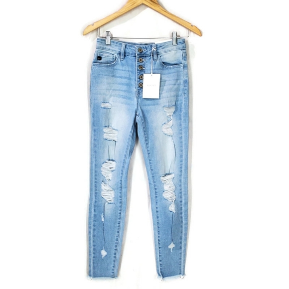 NEW KANCAN HIGH RISE ANKLE LENGTH SKINNY JEANS 3/25 DISTRESSED FRAY HEM - Picture 1 of 13